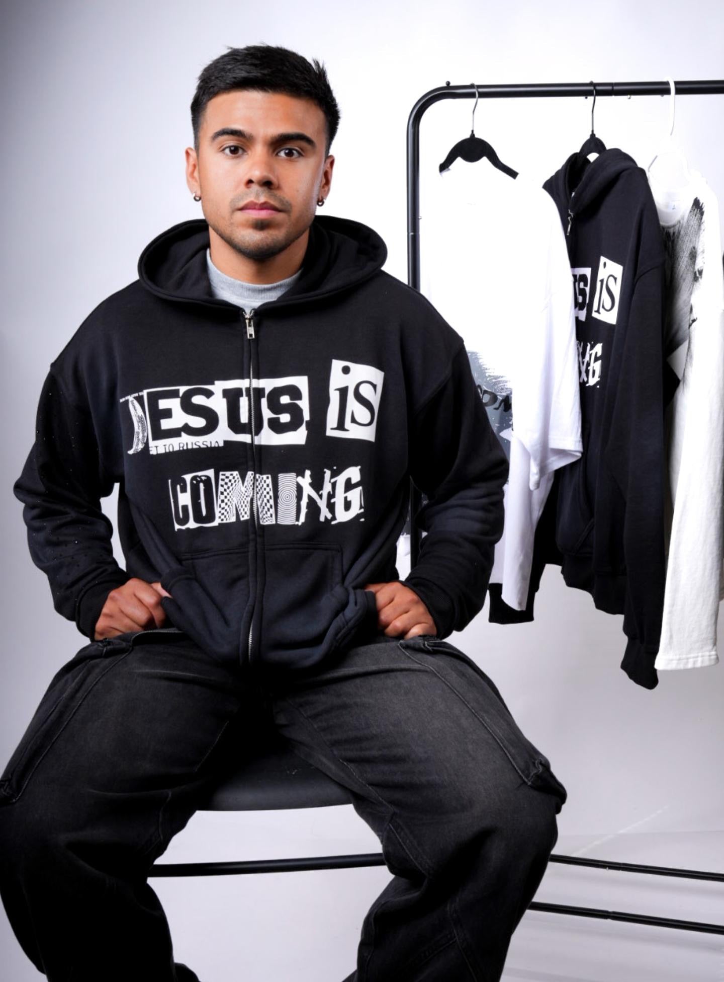 jesus is coming rhinestone zip up hoodie